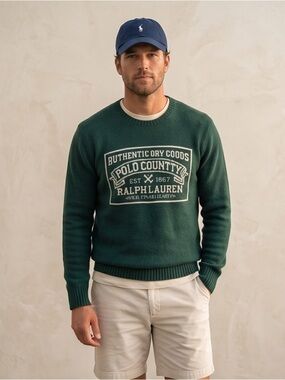 Polo Country Ralph Lauren Forest Green Logo Crewneck Wool  Sweater